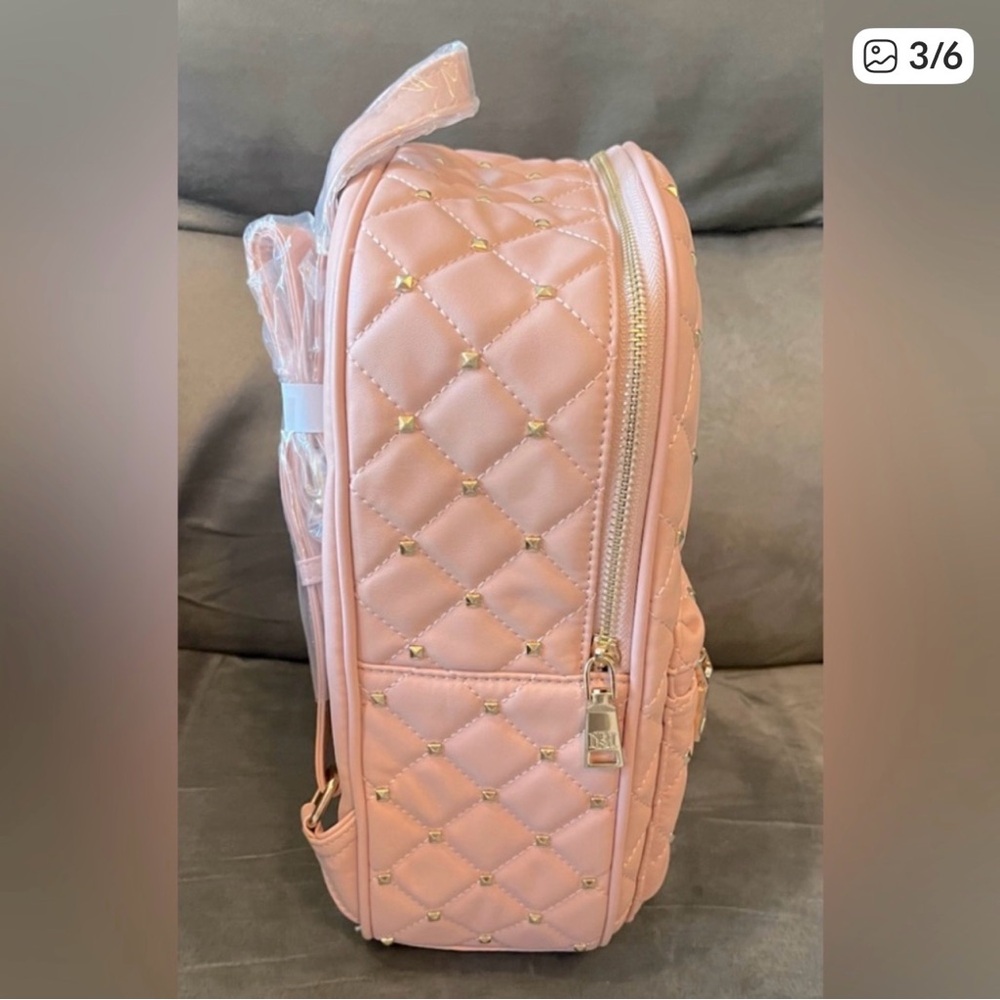 Pink Quilted Studded Backpack with Gold Monogram - Picture 3 of 6